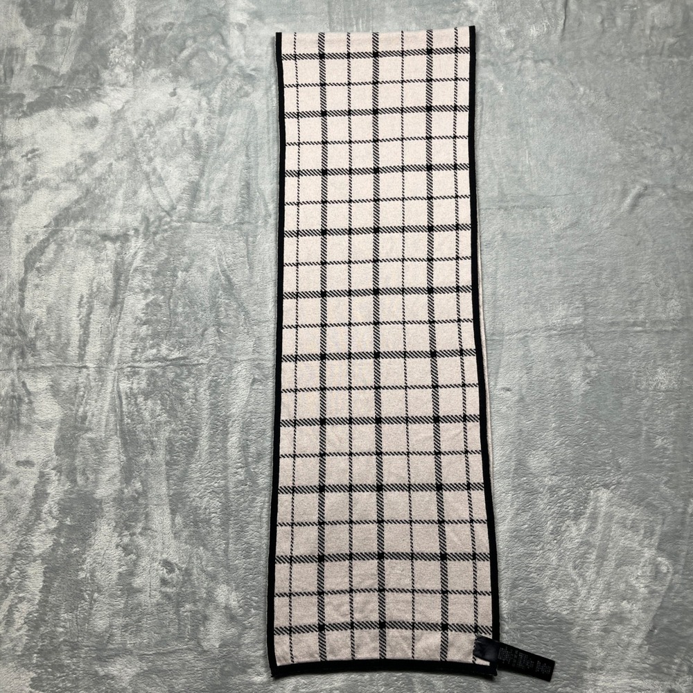 Coach Scarf Black Ivory Reversible Plaid Wool Cotton Knit Leather Logo - Picture 13 of 16